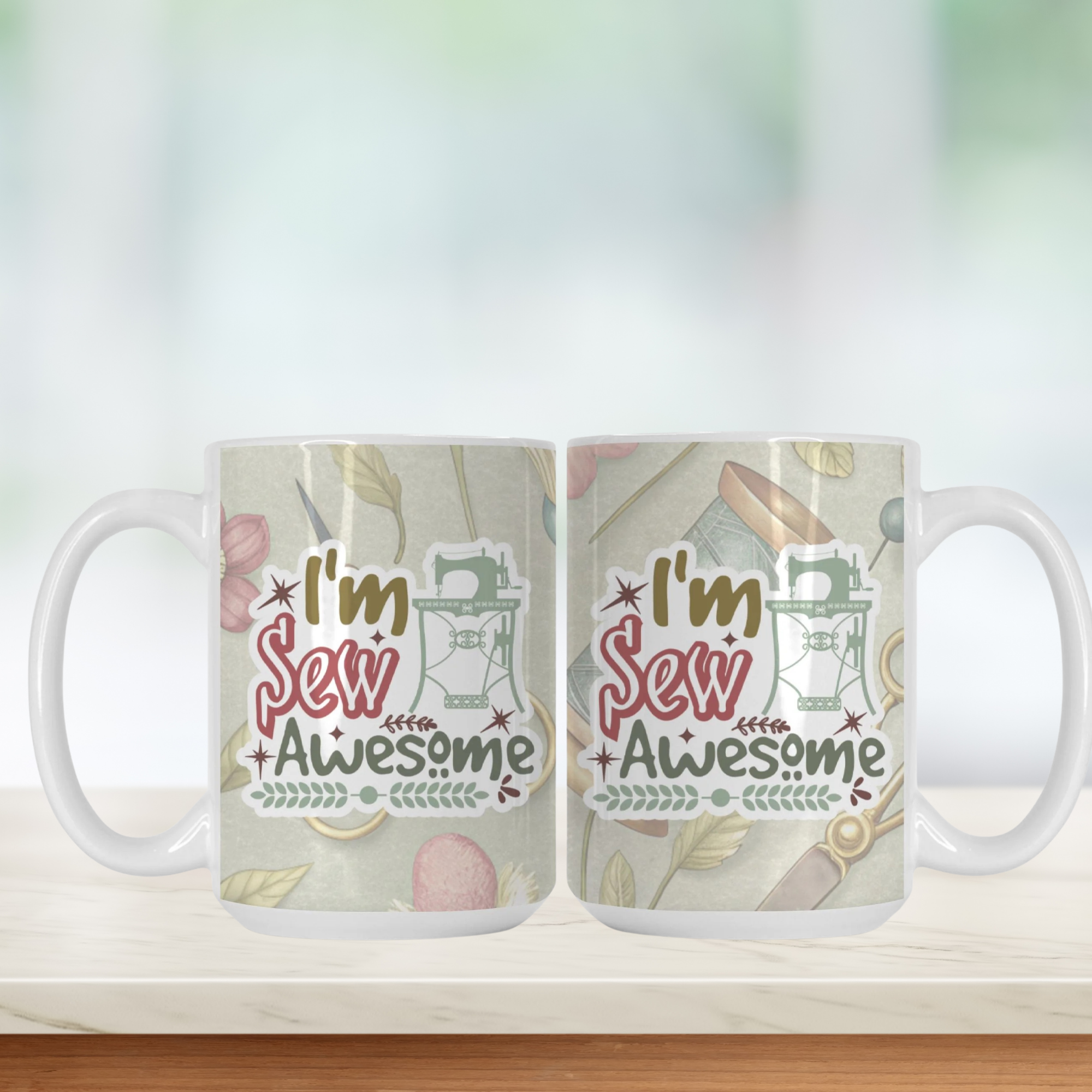 Two mugs with 'I'm Sew Awesome' design on a light background