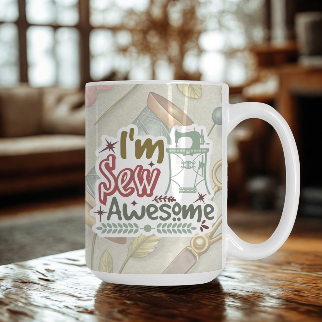 Mug with 'I'm Sew Awesome' text on a wooden table with a blurred background