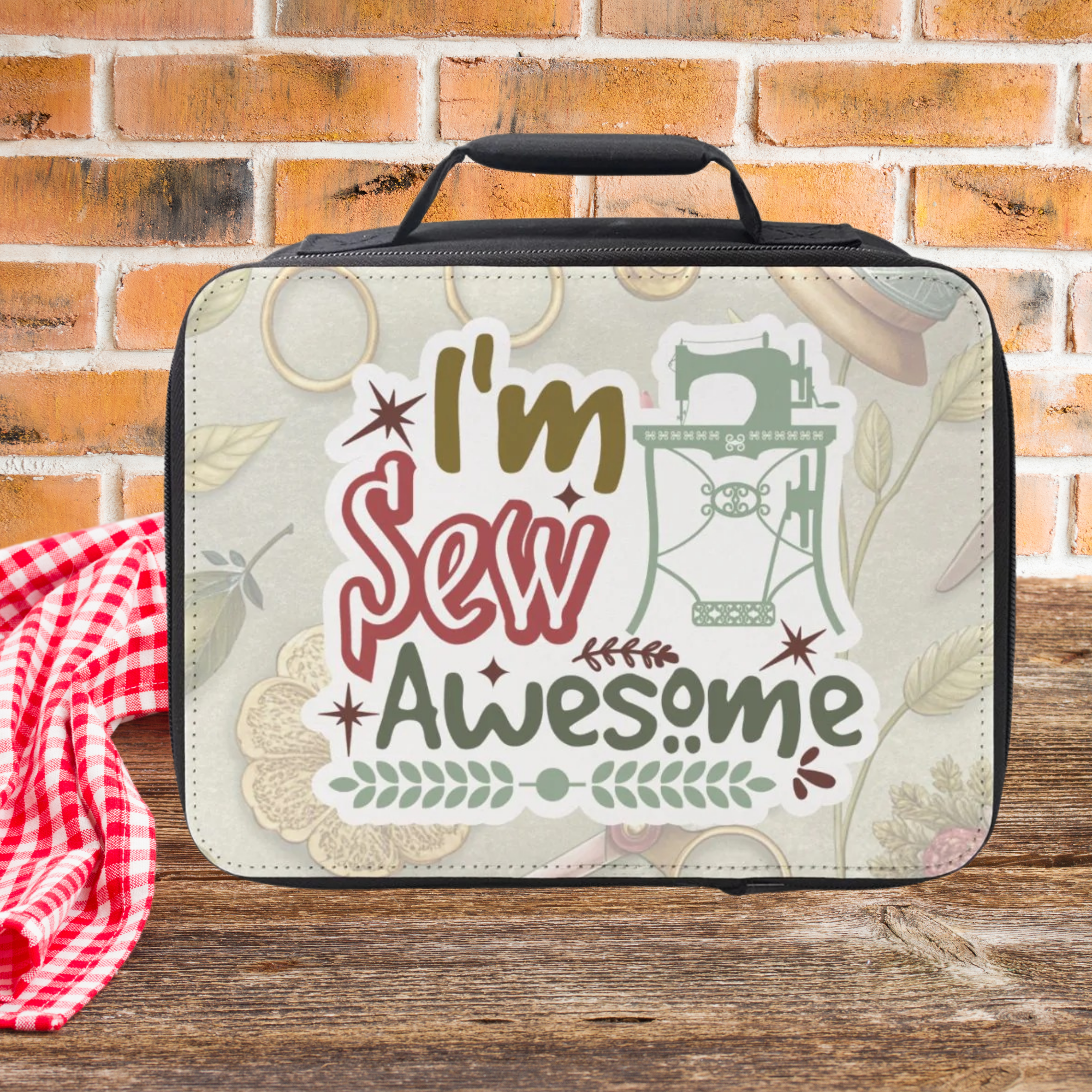 insulated lunch bag with 'I'm Sew Awesome' text on a brick wall background