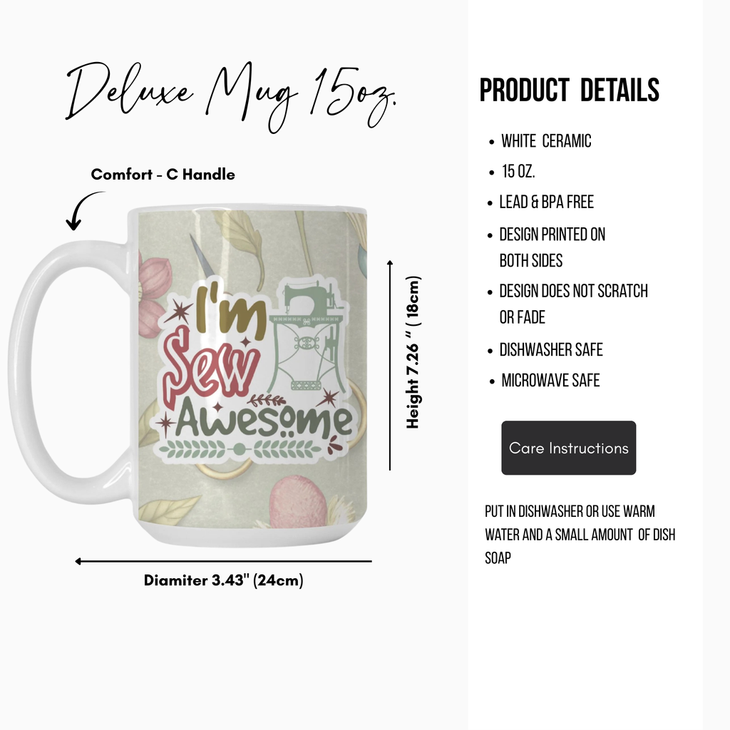 Mug with 'I'm Sew Awesome' design and product details on a white background