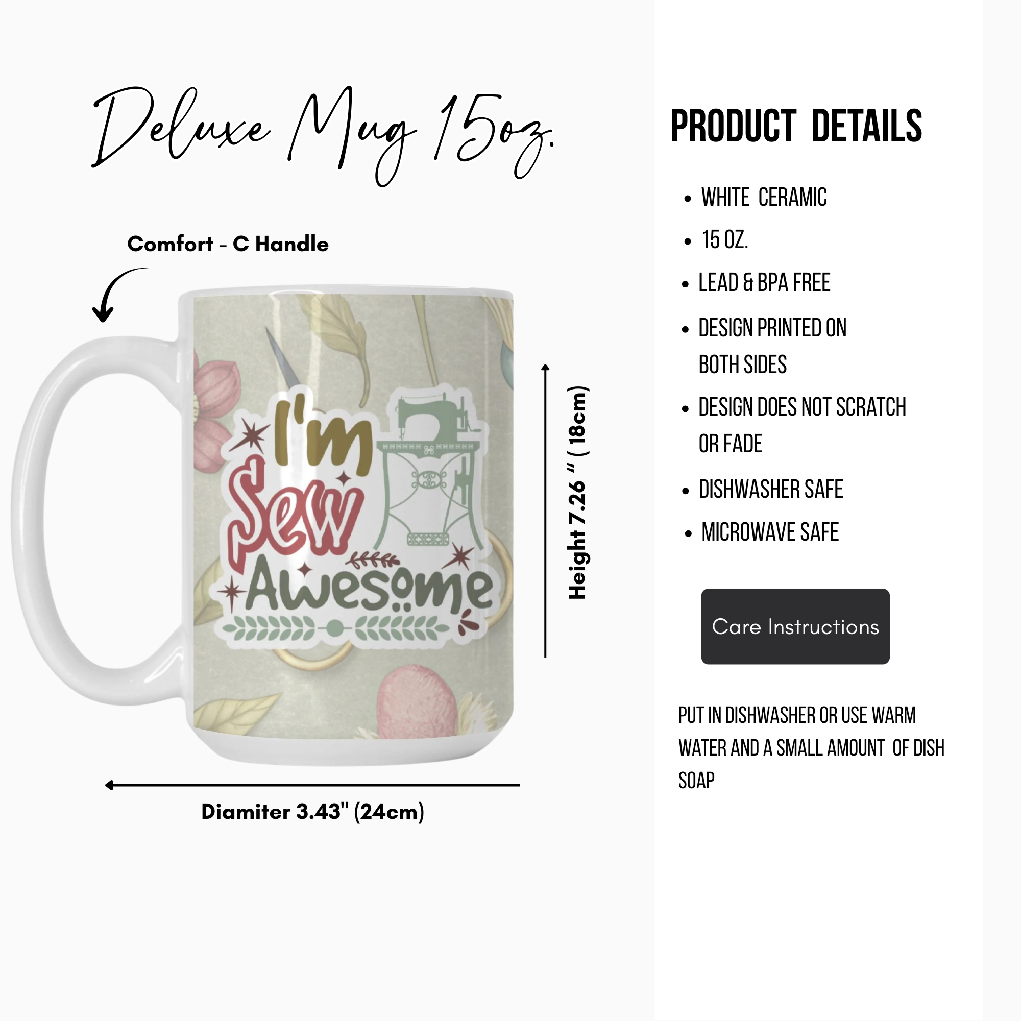 Mug with 'I'm Sew Awesome' design and product details on a white background