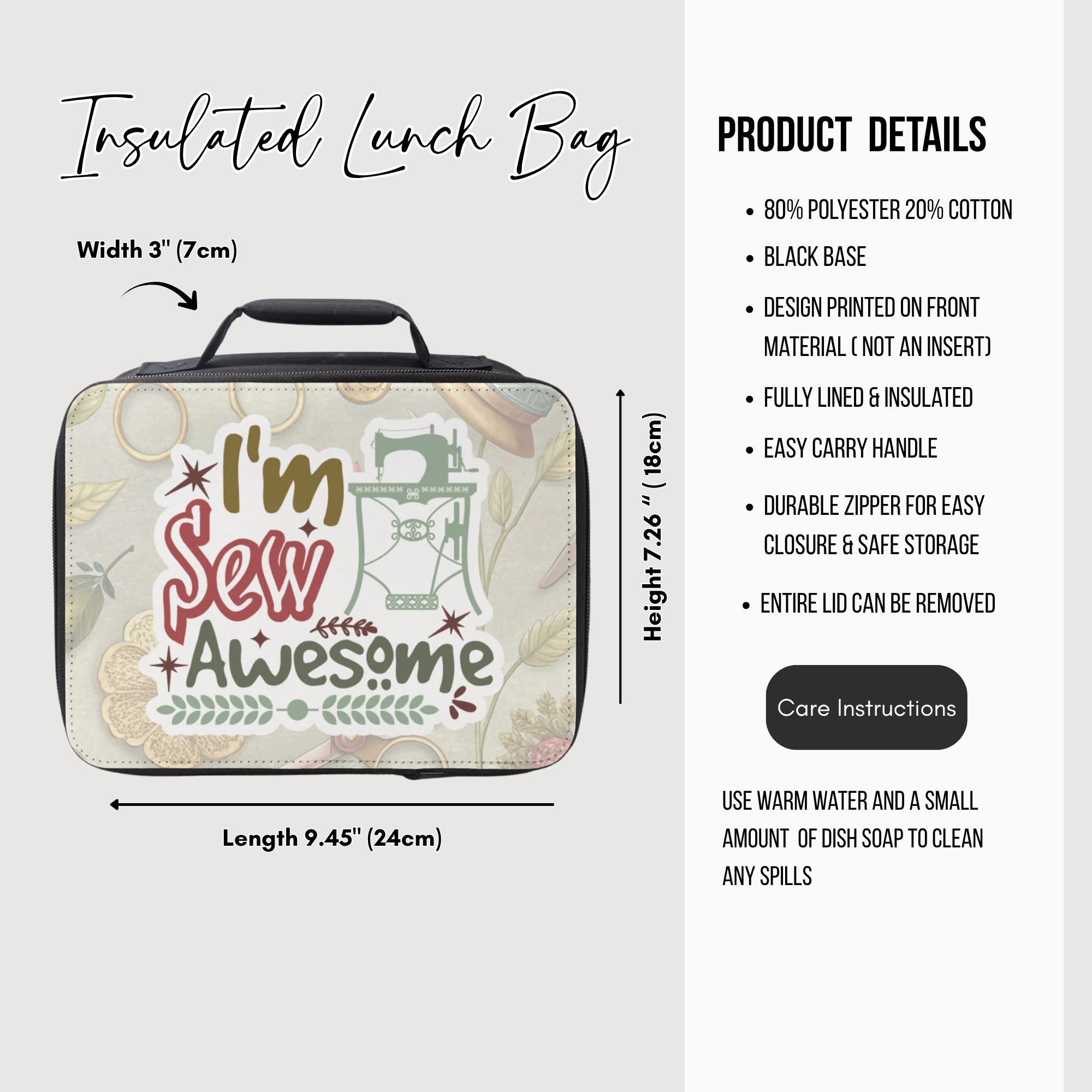 Insulated lunch bag with 'I'm Sew Awesome' design and product details on a white background
