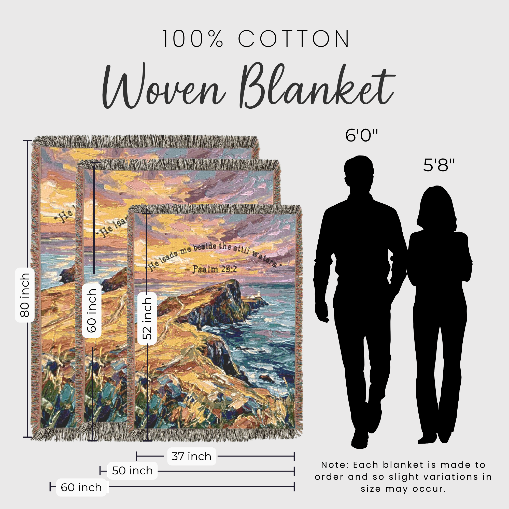 Size comparison of 3 sizes of woven blanket with the silhouette of a couple 
