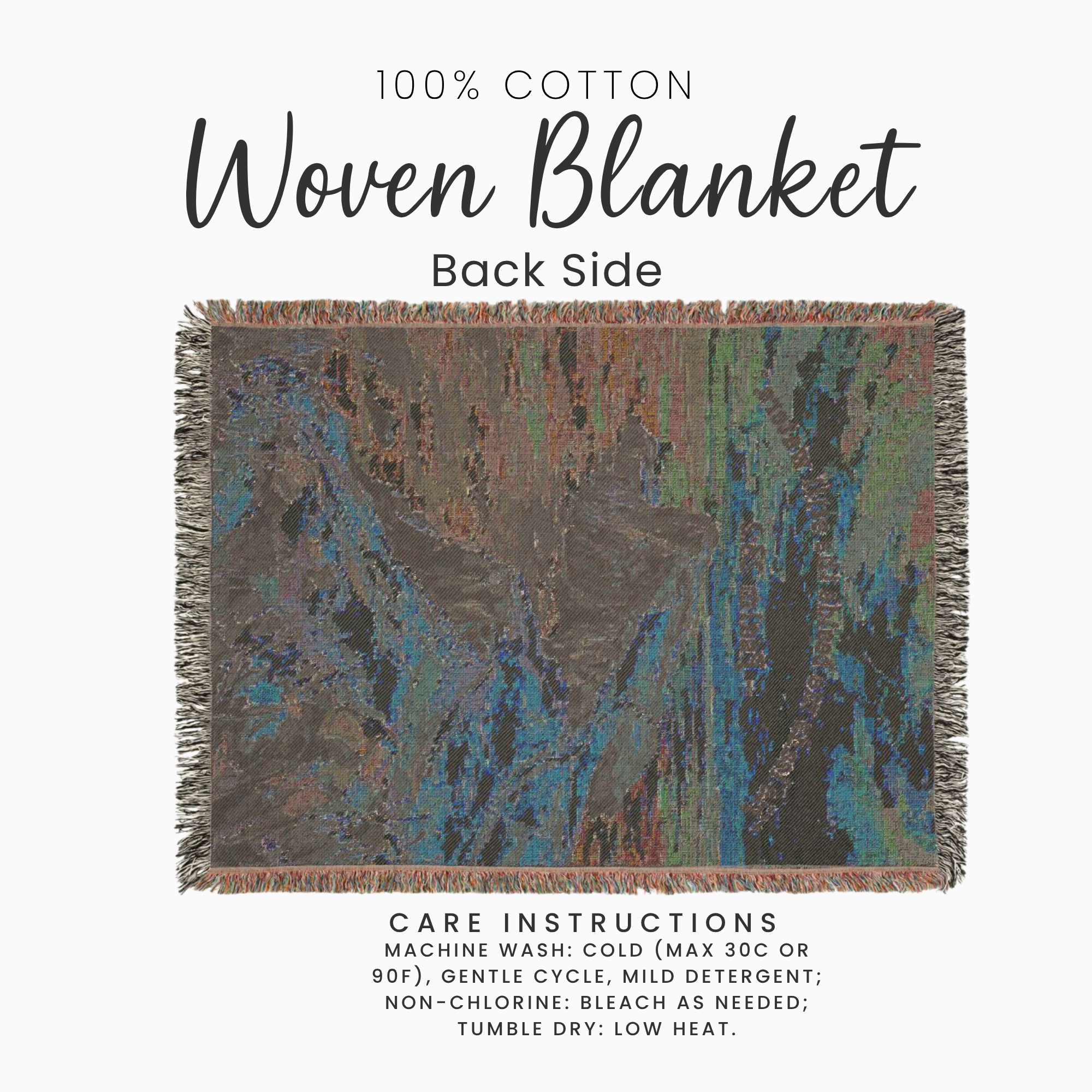 Back side of a cotton woven blanket with an ocean scene at suset