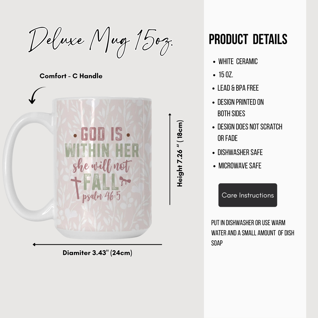 White ceramic mug with text and design, featuring product details on a white background.