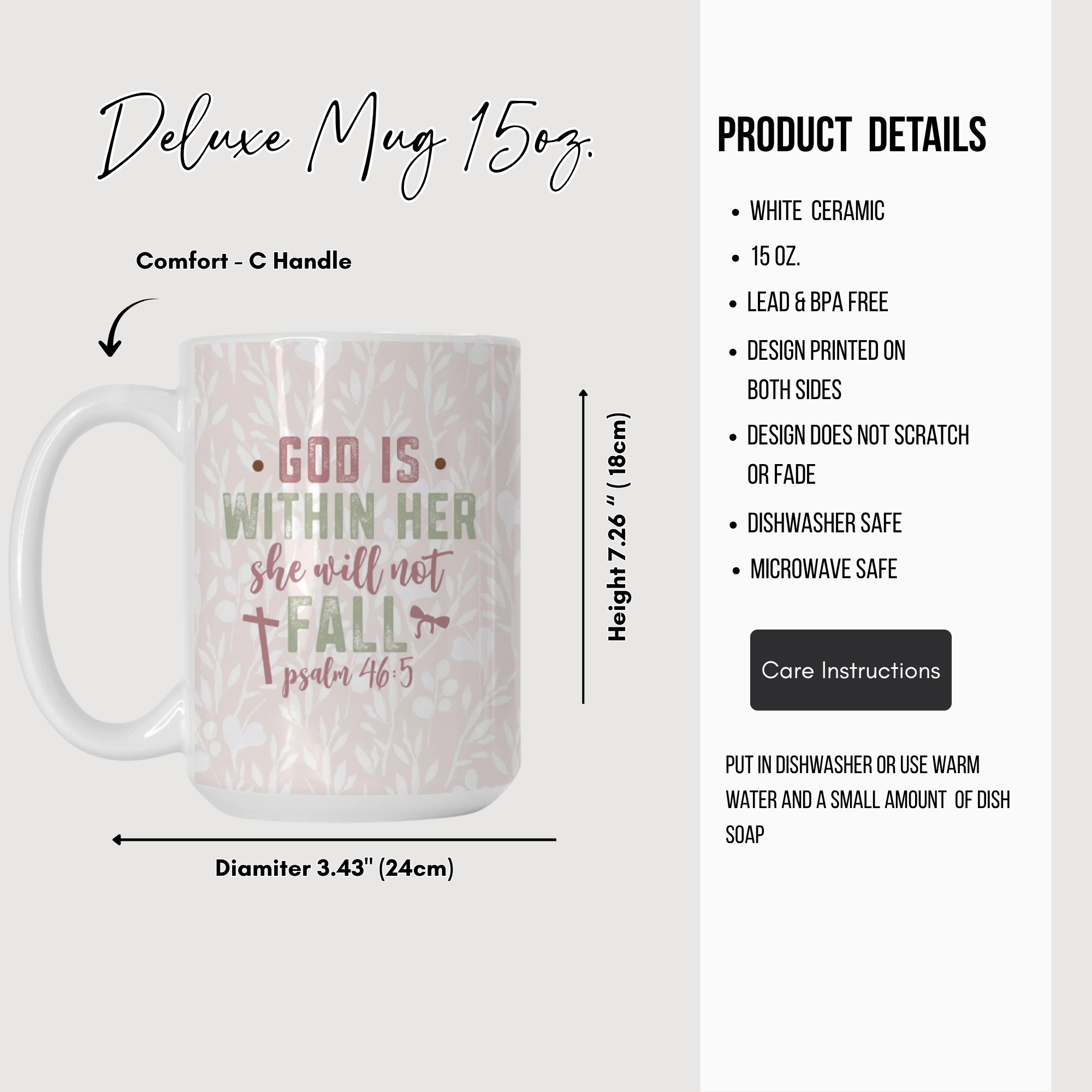 White ceramic mug with text and design, featuring product details on a white background.