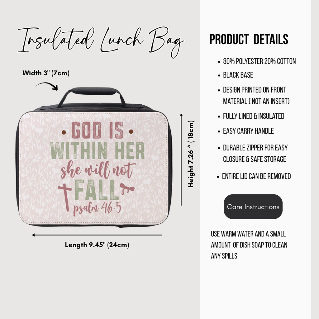 Insulated lunch bag with 'God is within her, she will not fall' design and product details on a white background.