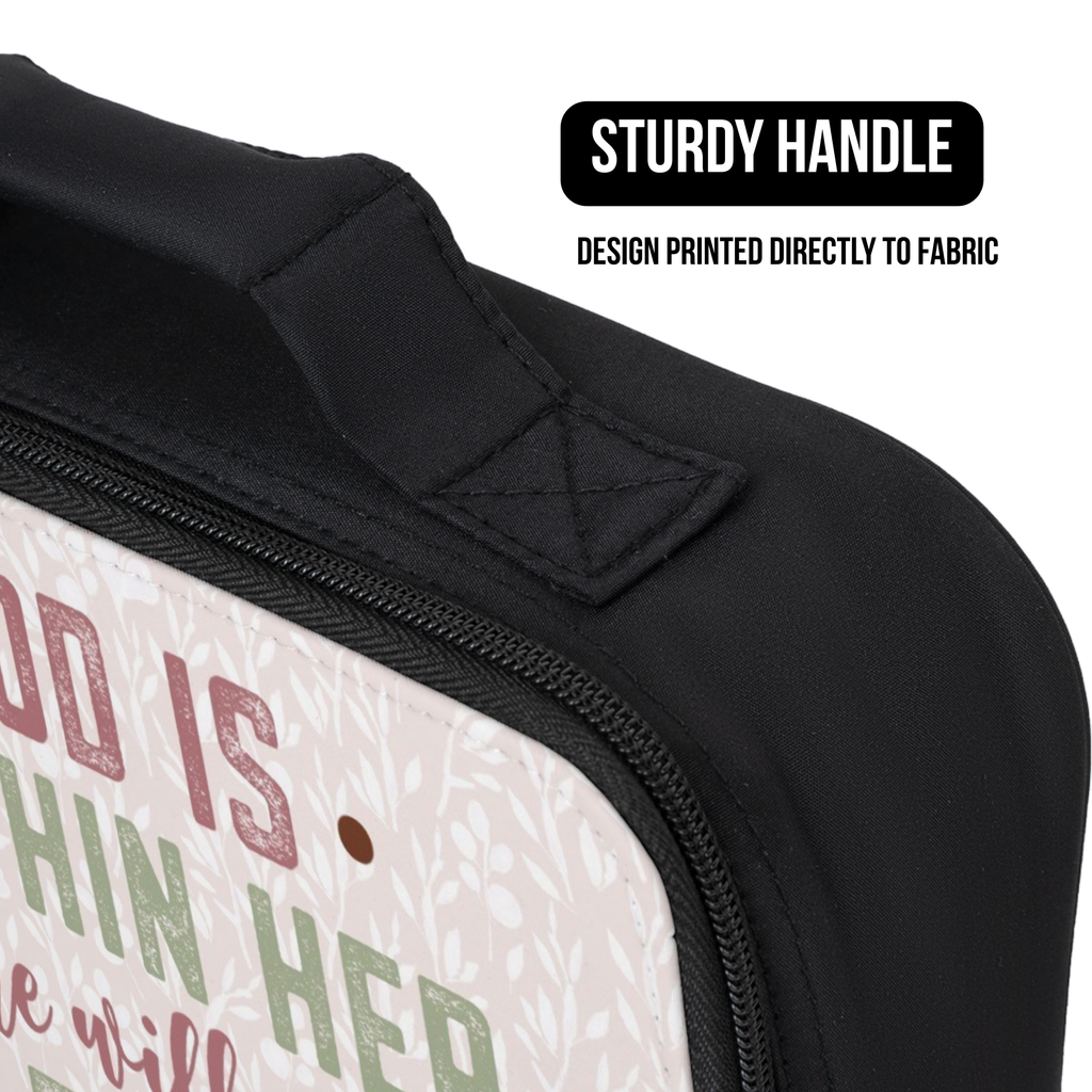 Black lunch bag with a printed design on fabric, featuring a sturdy handle.