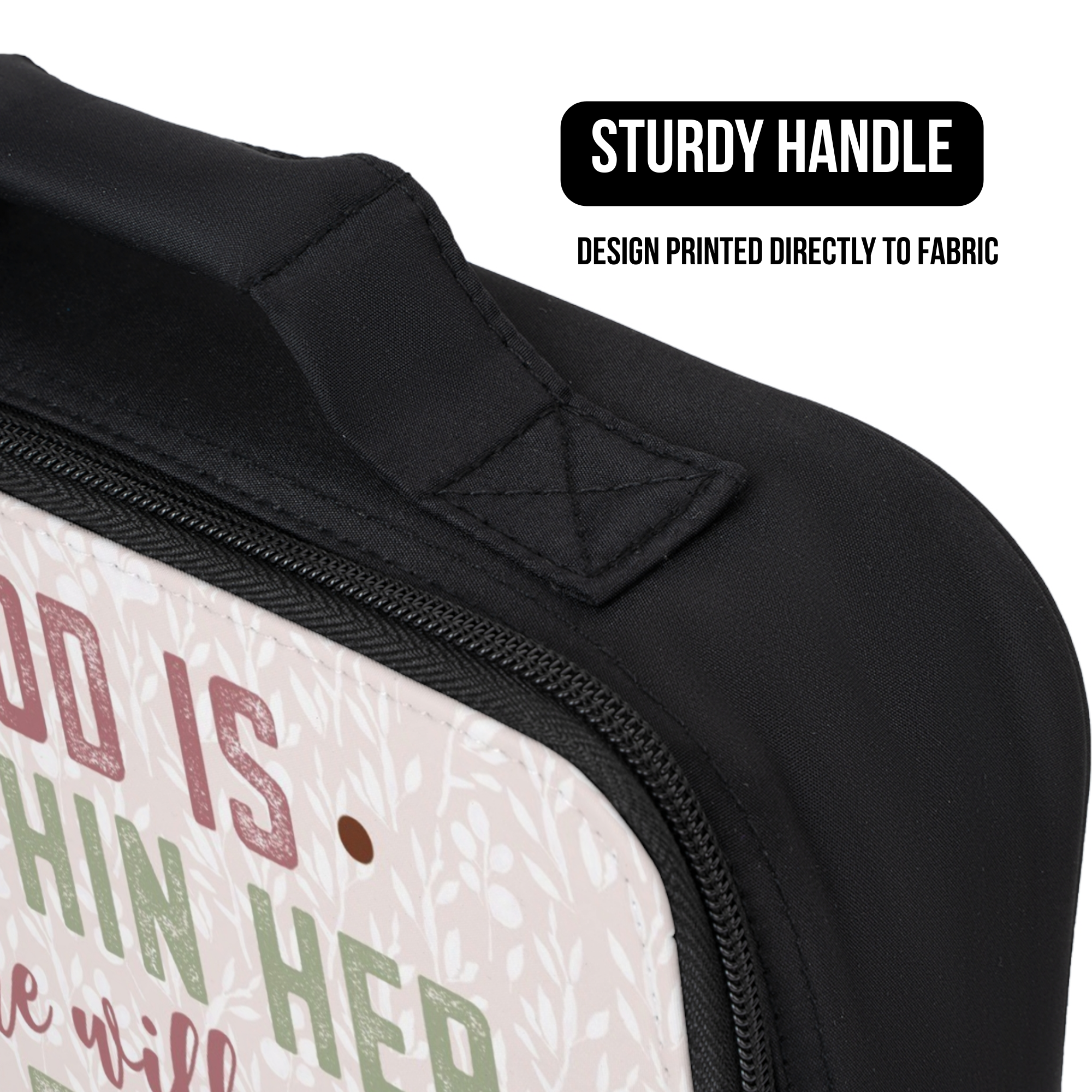 Black lunch bag with a printed design on fabric, featuring a sturdy handle.