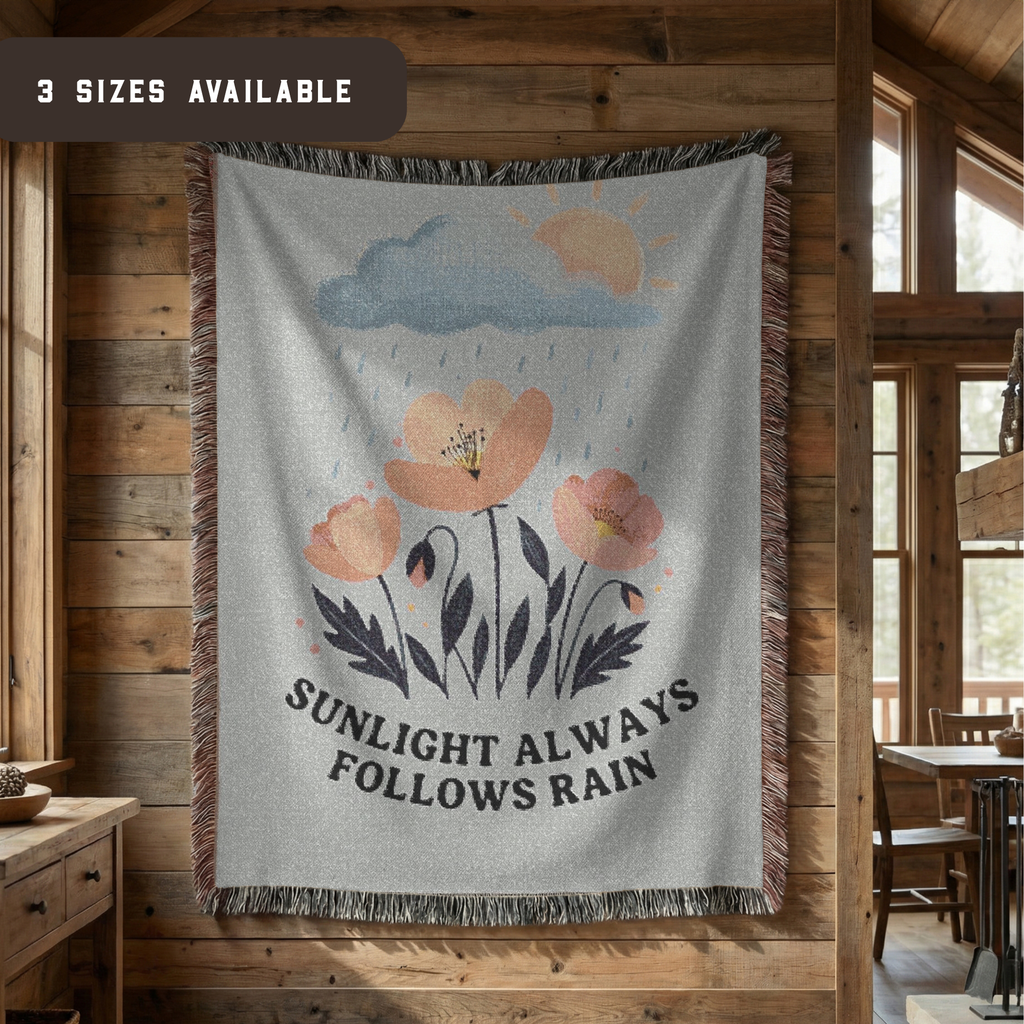 Inspirational Woven Blanket — 'Sunlight Always Follows Rain' Floral Throw Tapestry