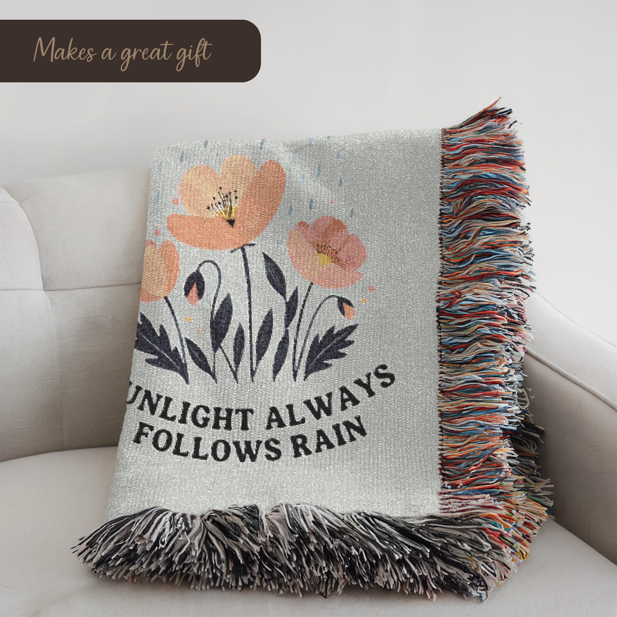 Inspirational Woven Blanket — 'Sunlight Always Follows Rain' Floral Throw Tapestry