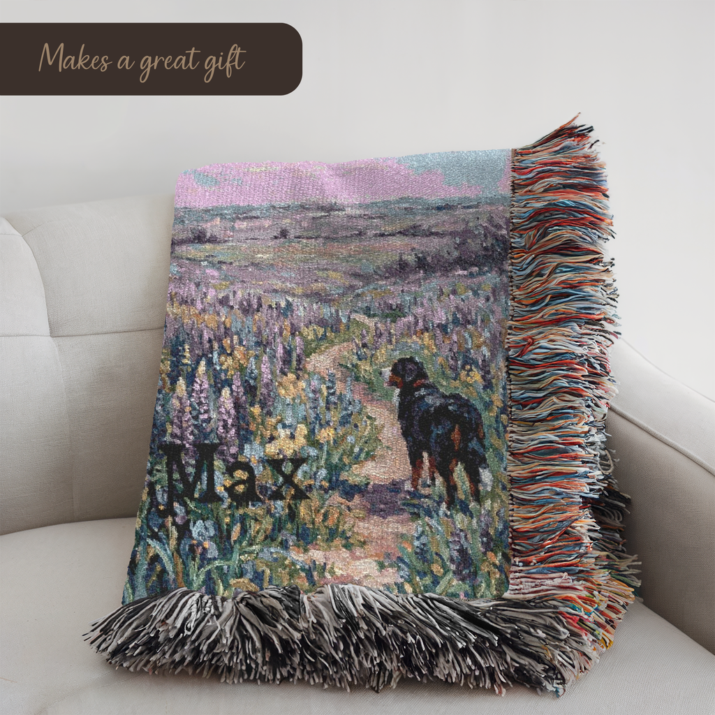 Personalized Bernese In Wildflowers Woven Blanket | Dog Tapestry Throw