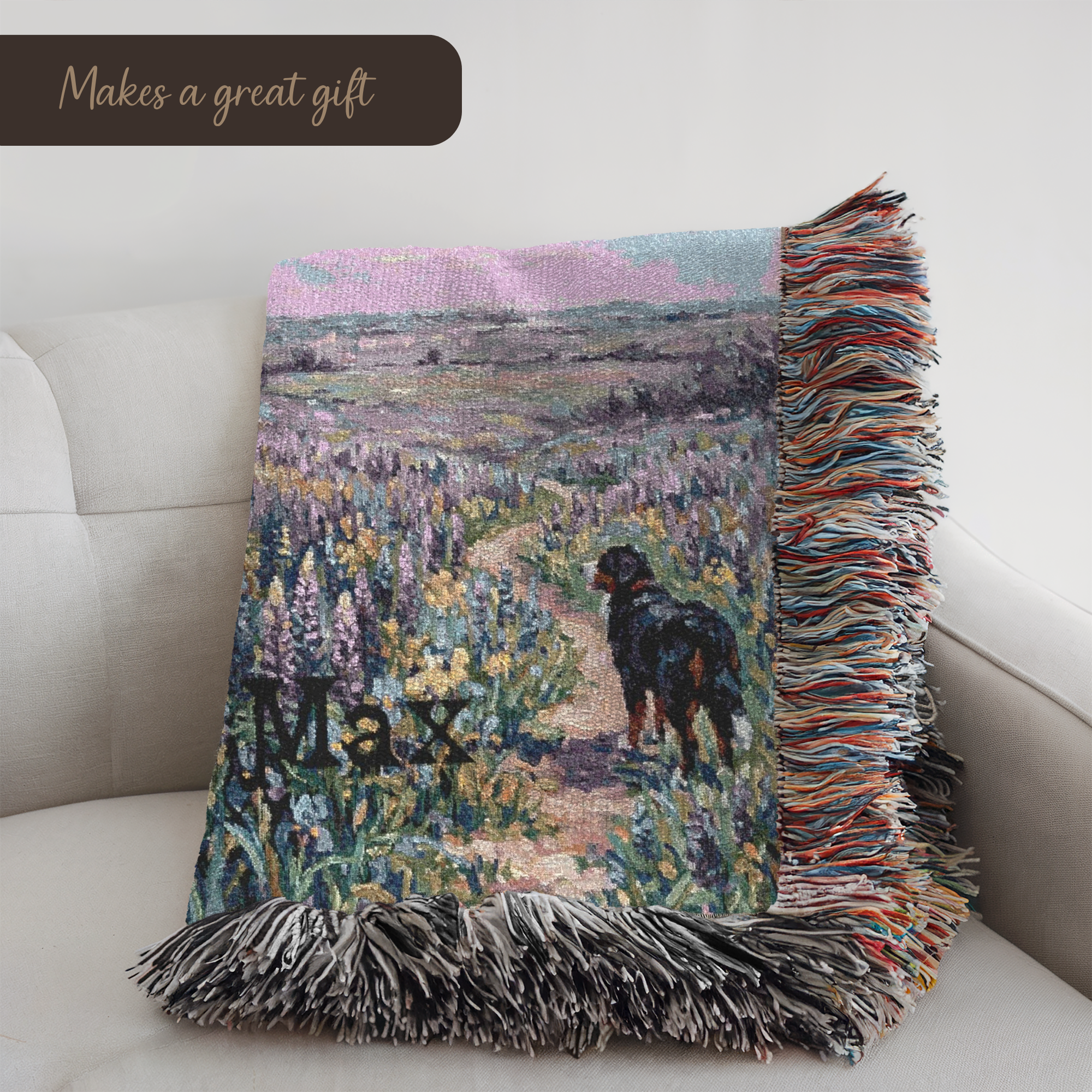 Personalized Bernese In Wildflowers Woven Blanket | Dog Tapestry Throw