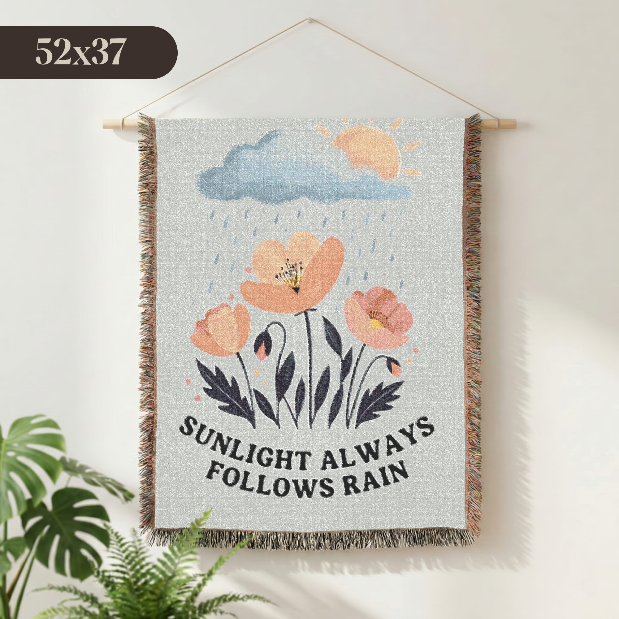 Inspirational Woven Blanket — 'Sunlight Always Follows Rain' Floral Throw Tapestry