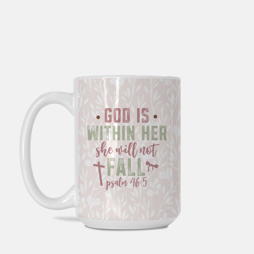 Mug with motivational quote 'God is within her, she will not fall' and floral pattern on a white background