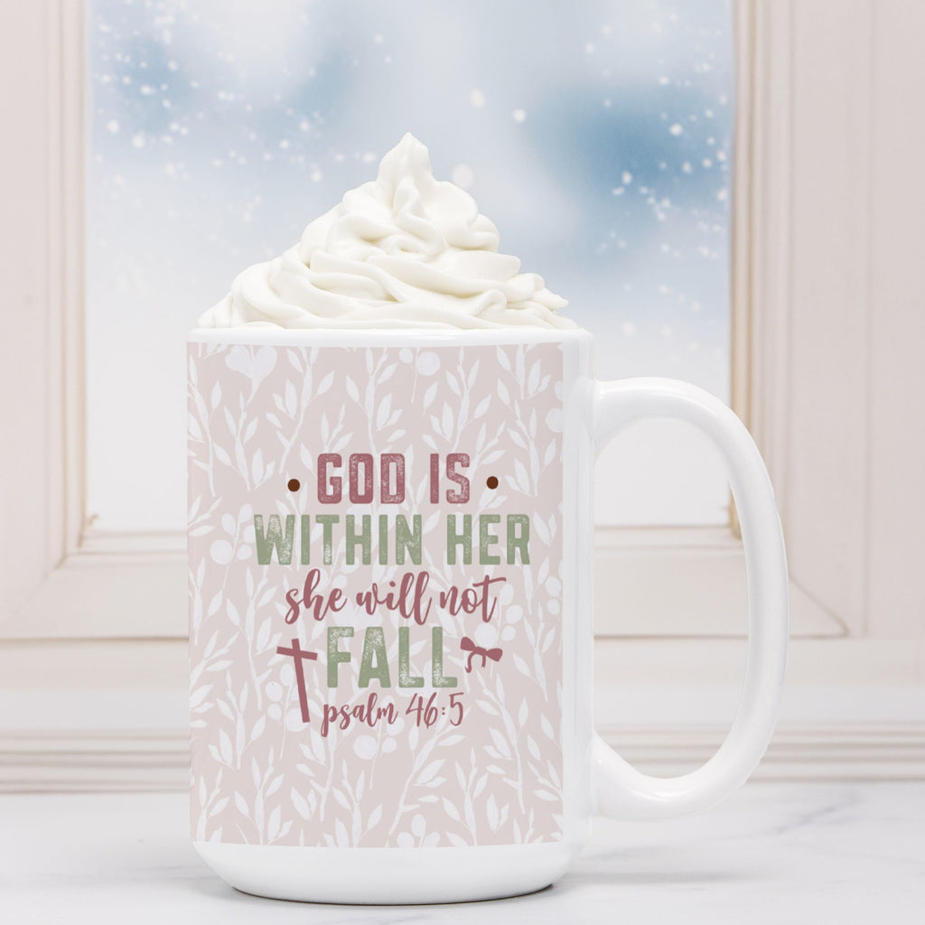 White mug with text 'God is within her, she will not fall' against a snowy window background