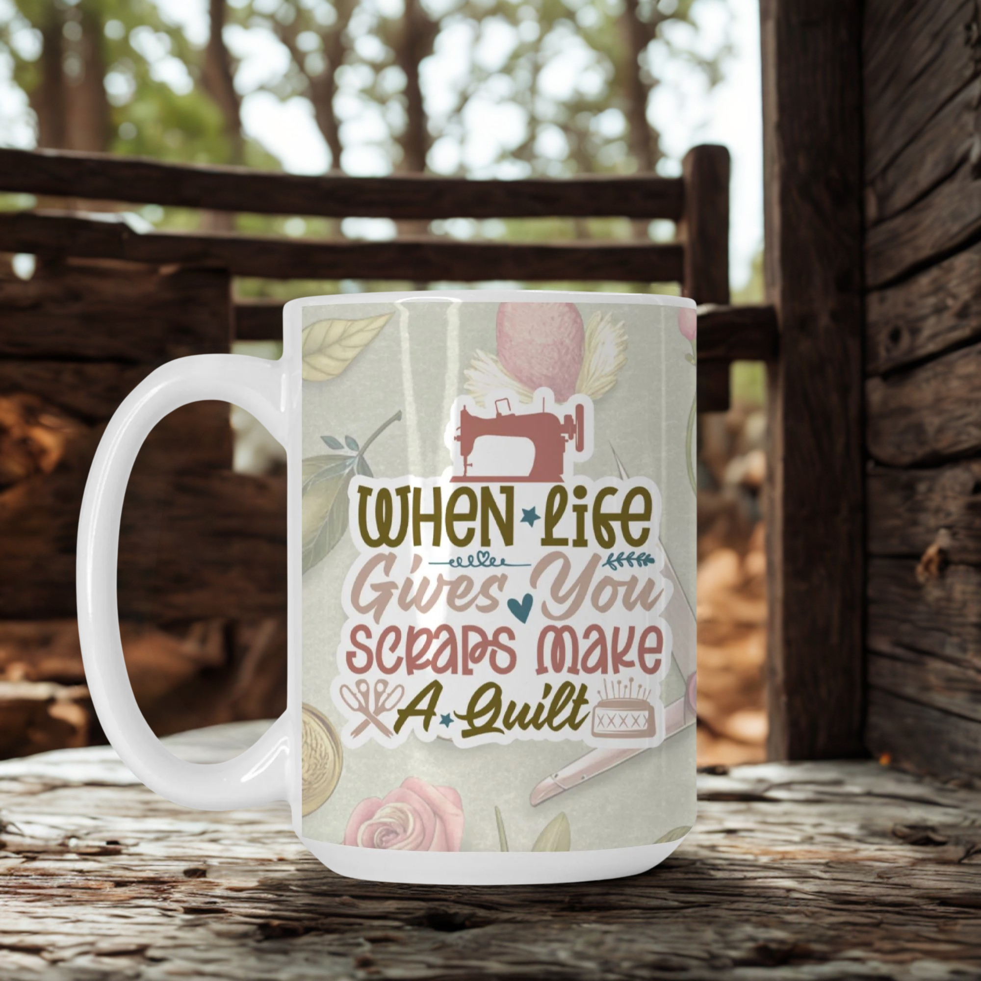 Mug with sewing-themed design and text on a wooden surface