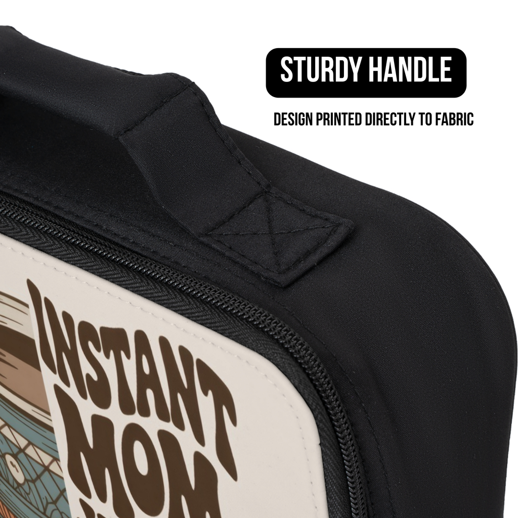 Black lunch bag with 'Instant Mom' design and sturdy handle feature