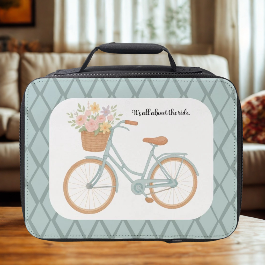 insulated lunch bag with bicycle and floral design on a wooden table