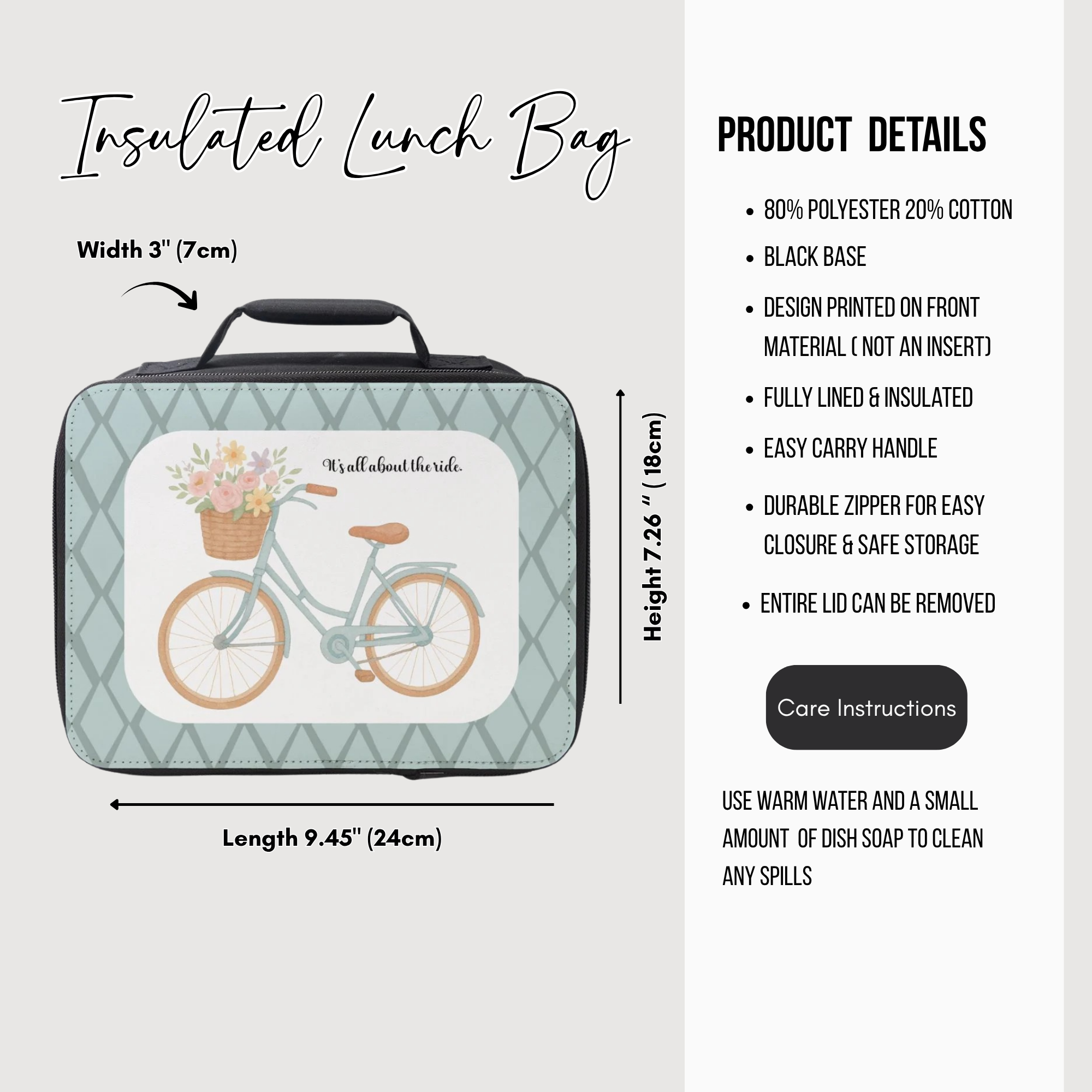 Insulated lunch bag with bicycle design and product details on a white background