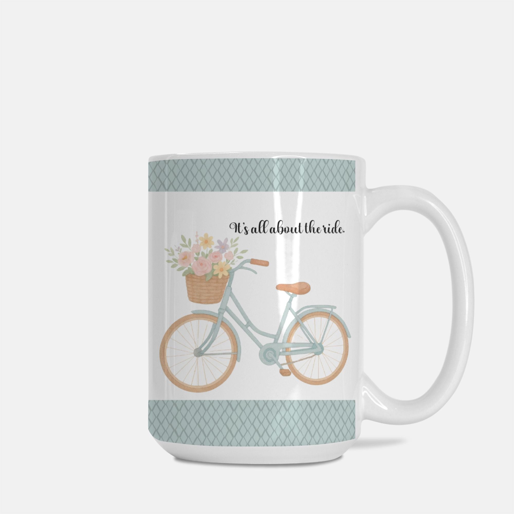 Mug with bicycle and floral design on a white background