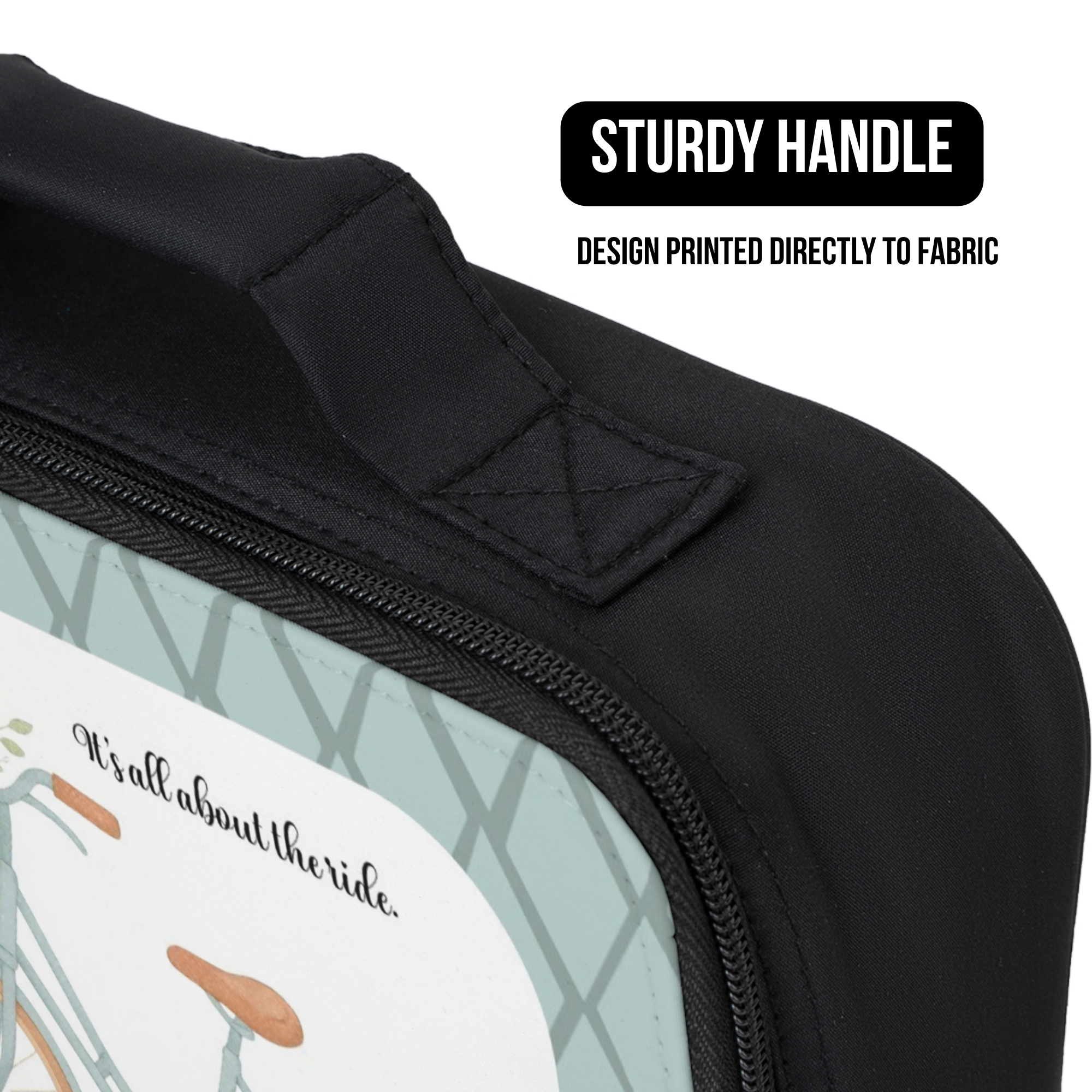 Black lunch bag with a handle and bicycle design, featuring text about a sturdy handle and design printed directly to fabric.