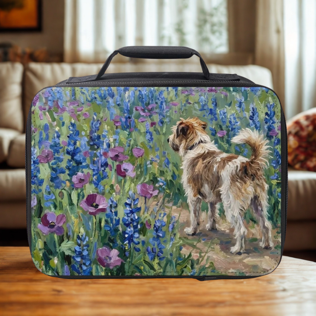  insulated lunch bag with a Jack Russell terrier dog and flowers design on a wooden coffee table in a living room.