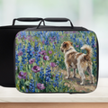 Insulated lunch bag with a jack Russell terrier dog and floral design on a white background