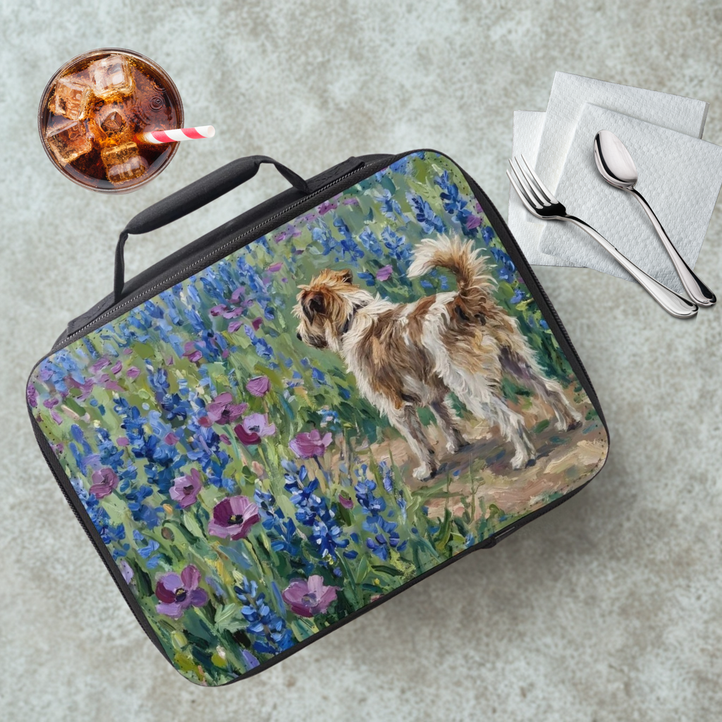  insulated lunch bag with a Jack Russell terrier dog and flowers design on a table with a drink and utensils.