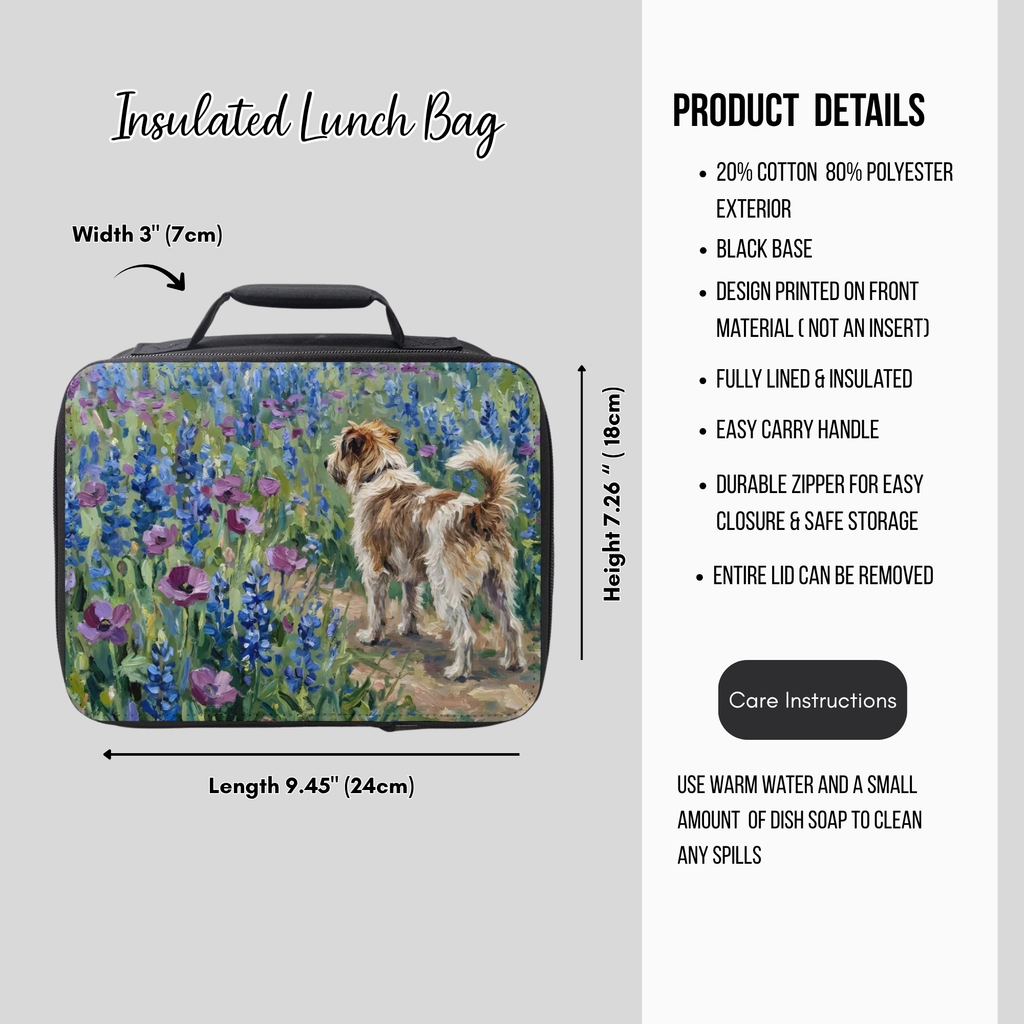 Insulated lunch bag with a dog and floral design, featuring product details on a gray background.