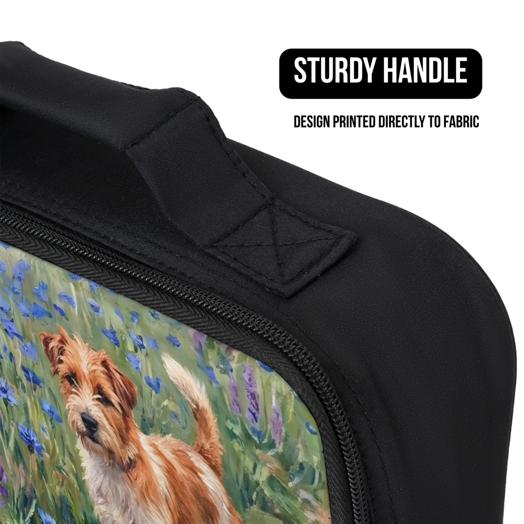 Black bag with a dog painting design on fabric, featuring a sturdy handle.