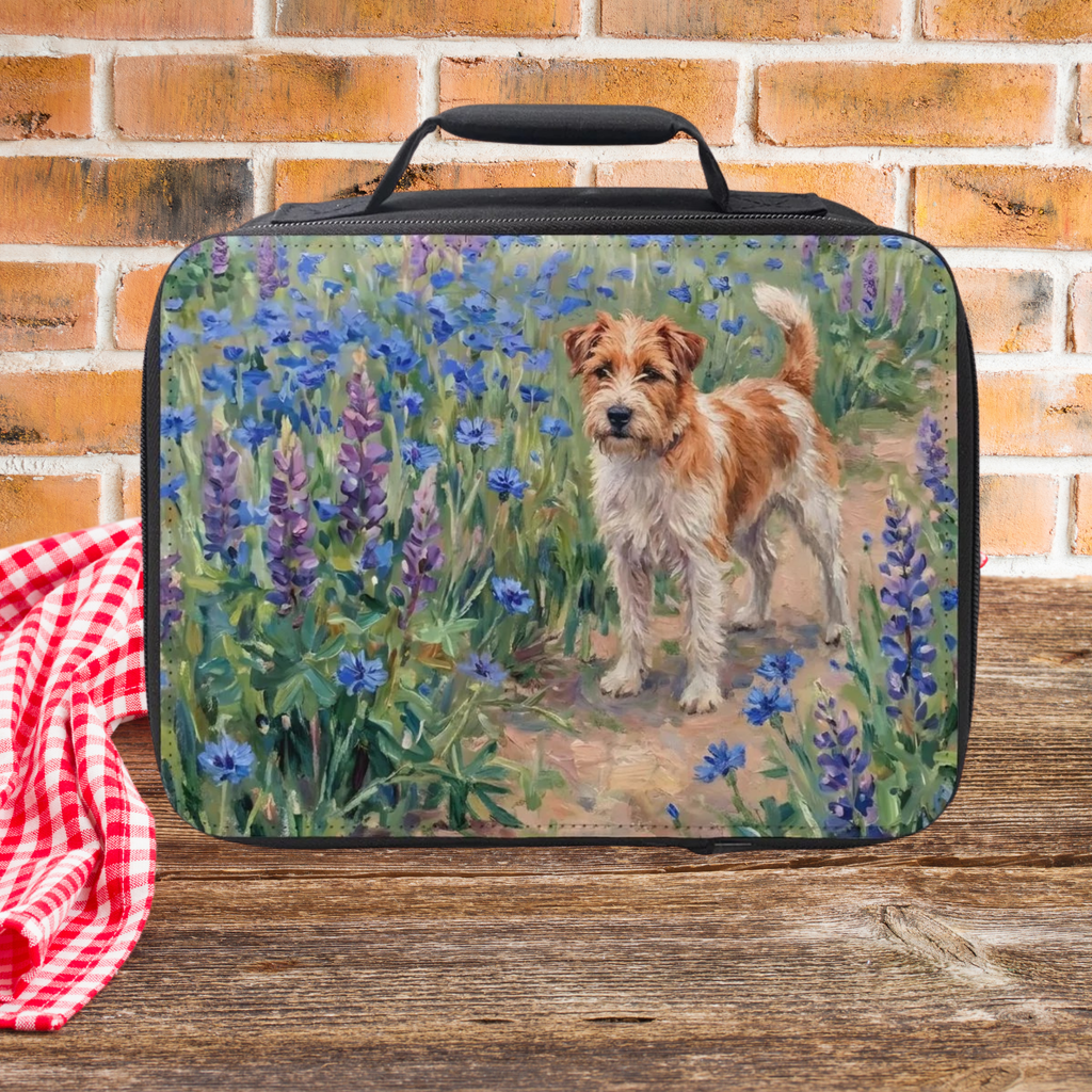 Lunch bag with a dog and floral design on a wooden surface with a brick wall background