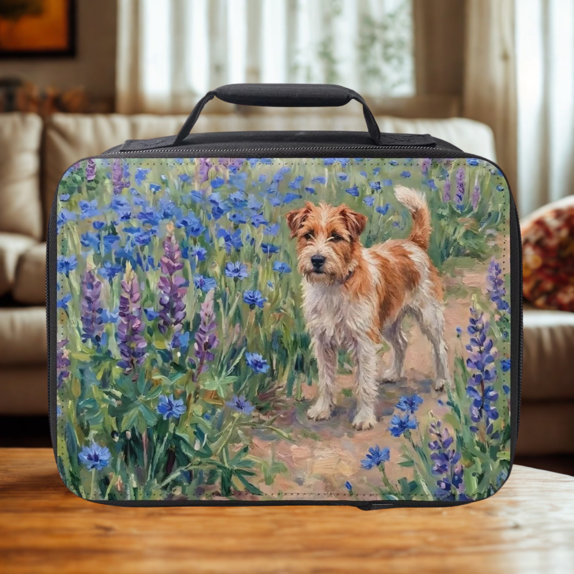 Lunch bag with a dog and floral design on a wooden coffee table in a cozy living room.