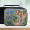 Black lunch box with a dog and floral design on a white background