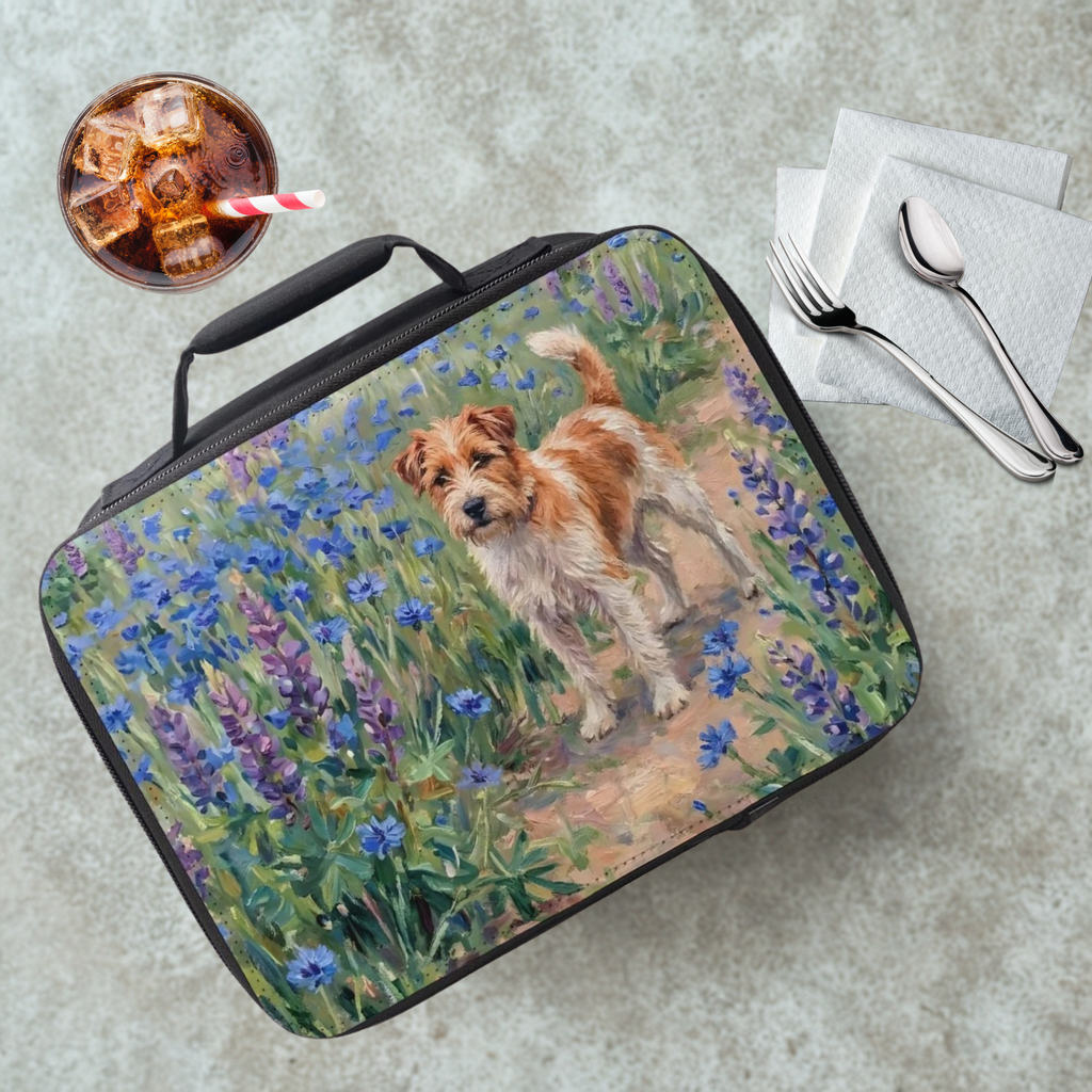 Lunch bag with a dog in a field of flowers design on a table with a drink and utensils.