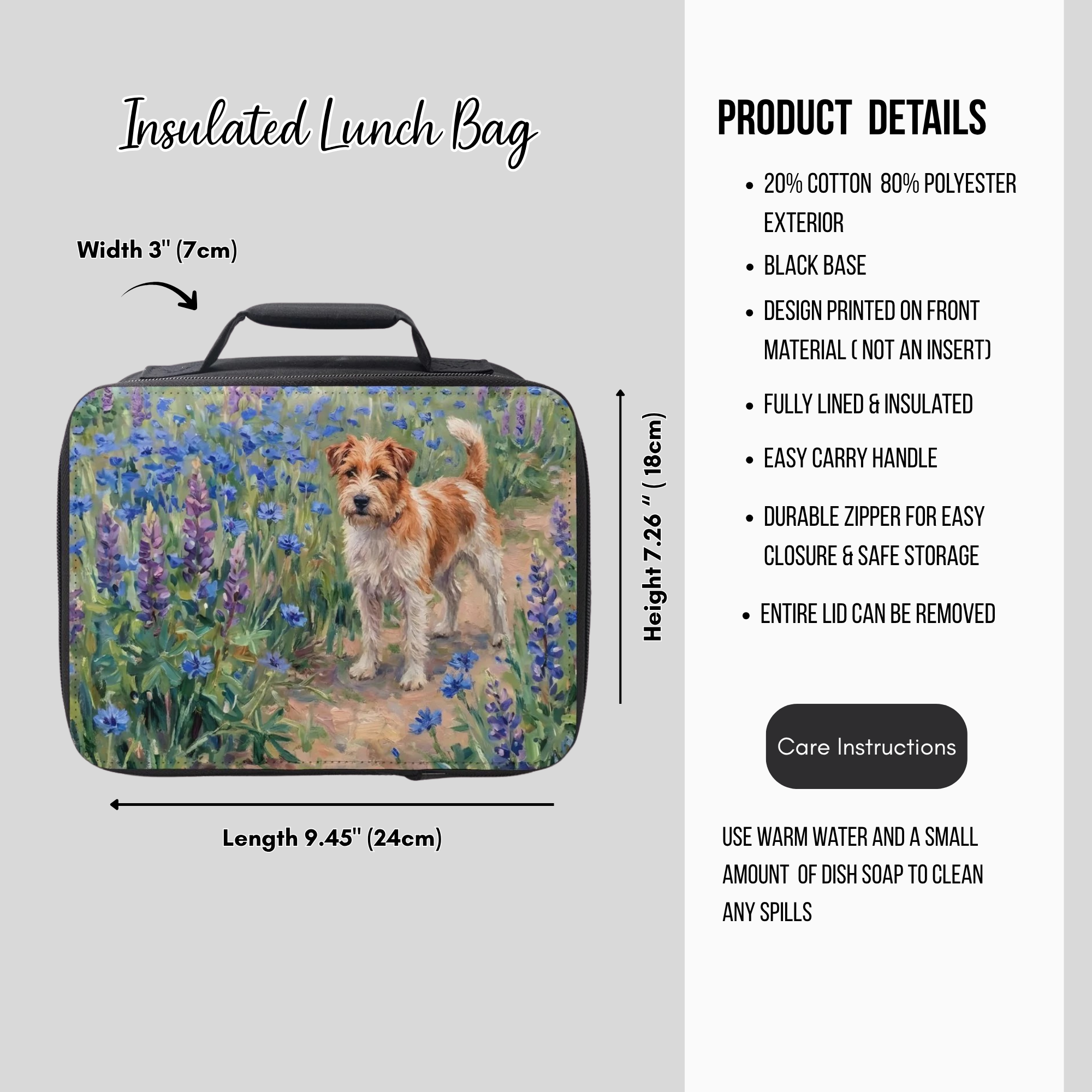 Insulated lunch bag with a dog design on a gray background