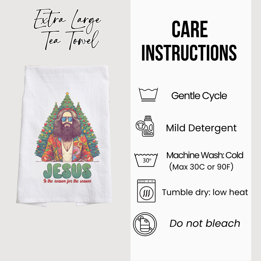 Tea towel with a graphic of a bearded figure in sunglasses surrounded by Christmas trees, with care instructions displayed.