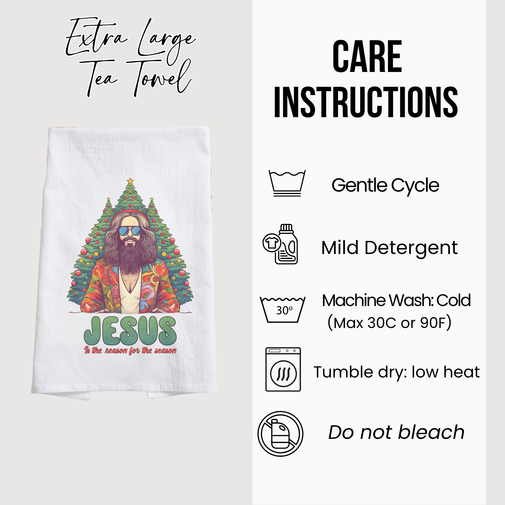 Tea towel with a graphic of a bearded figure in sunglasses surrounded by Christmas trees, with care instructions displayed.