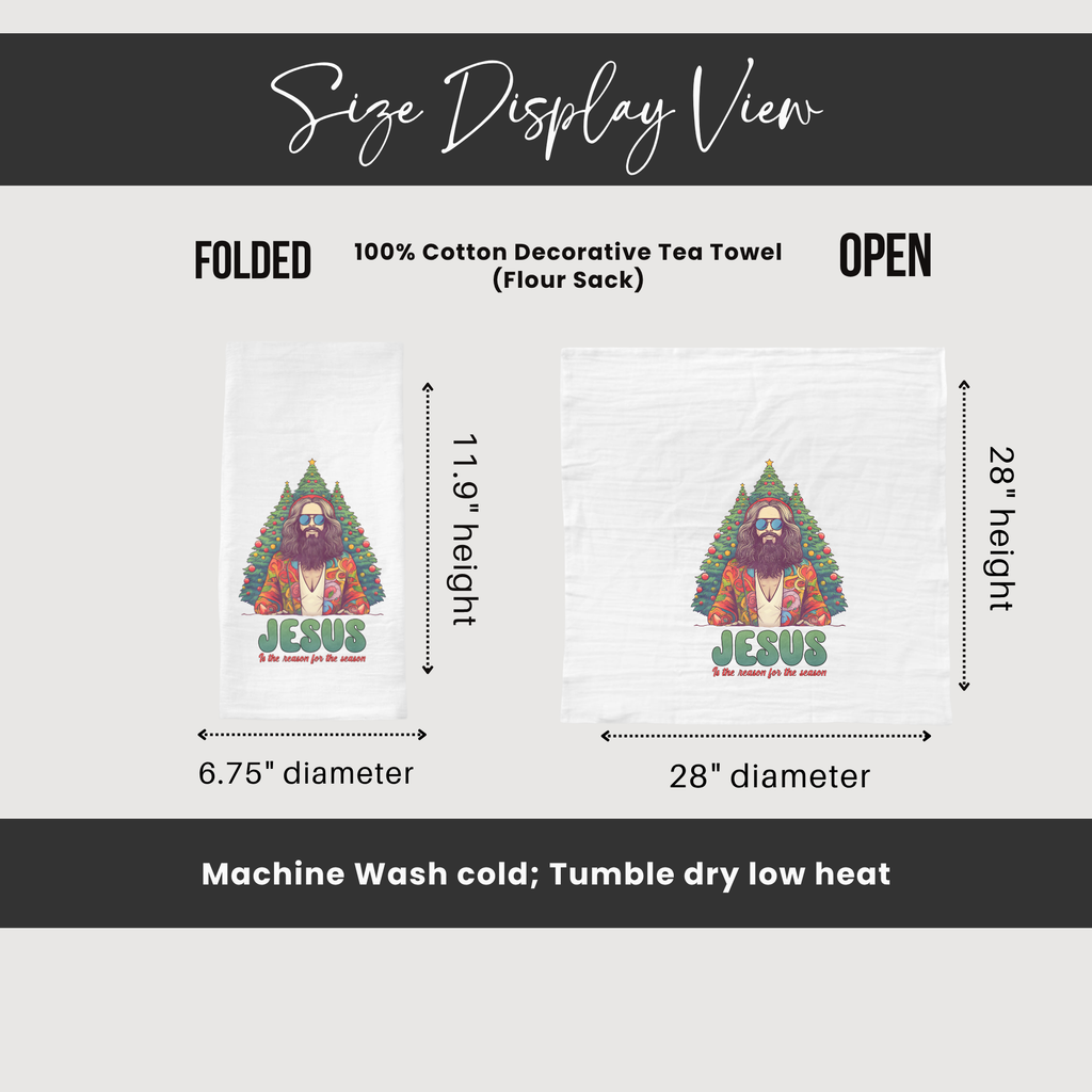 Size display view of a decorative tea towel with 'Jesus' design, showing folded and open dimensions.