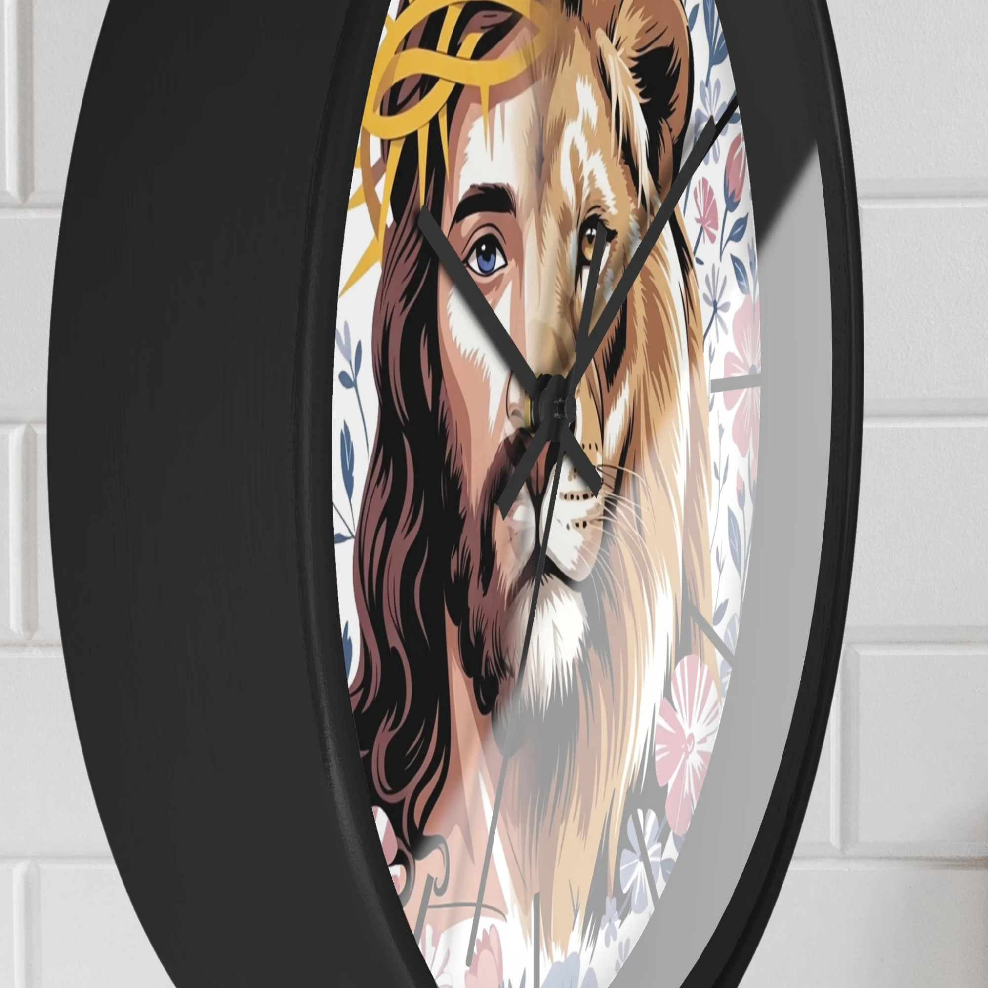 Side of a round black wall clock with a Jesus and lion design on a white brick wall background