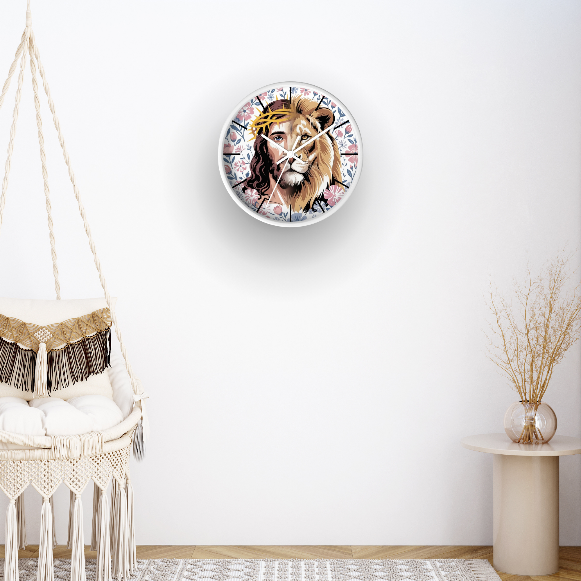 Wall clock with a lion design in a room with a chair and decorative elements.