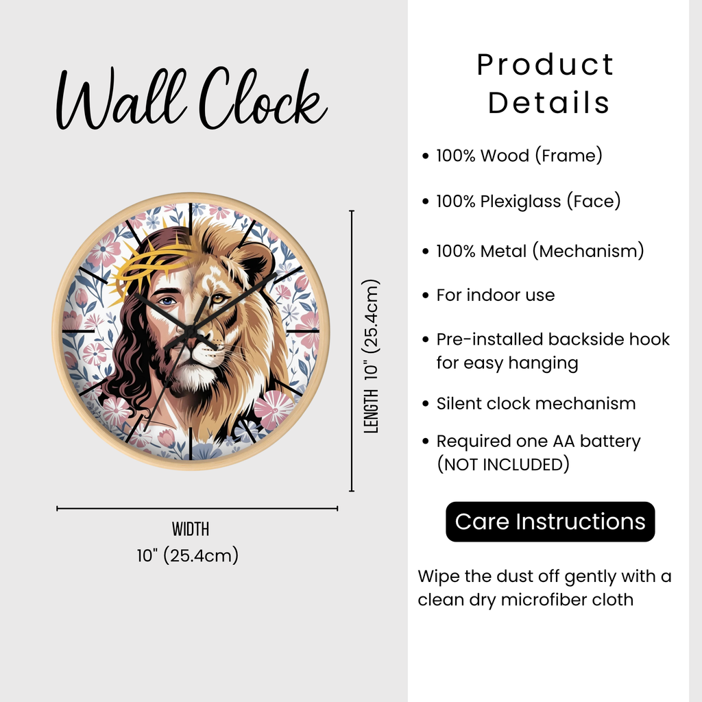 Wall clock with lion design and product details on a white background