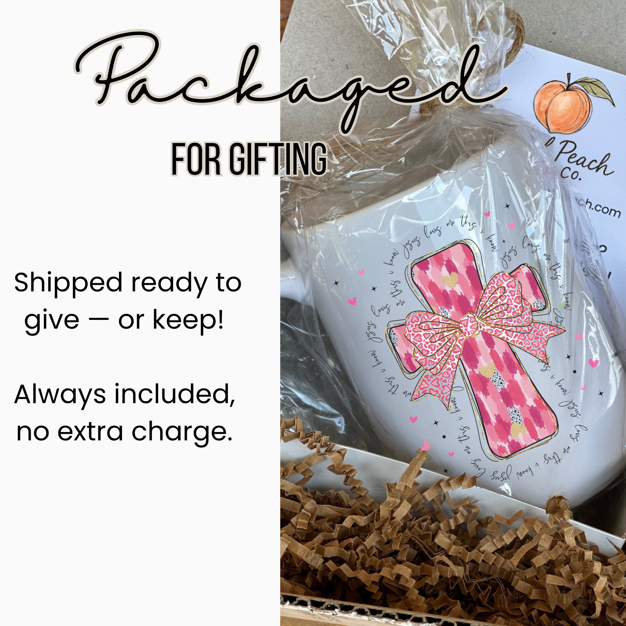 Gift-wrapped product with a pink cross design, labeled 'Peach Co.'