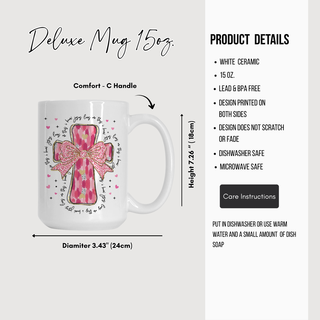 White ceramic mug with pink cross design, dimensions, and product details on a white background