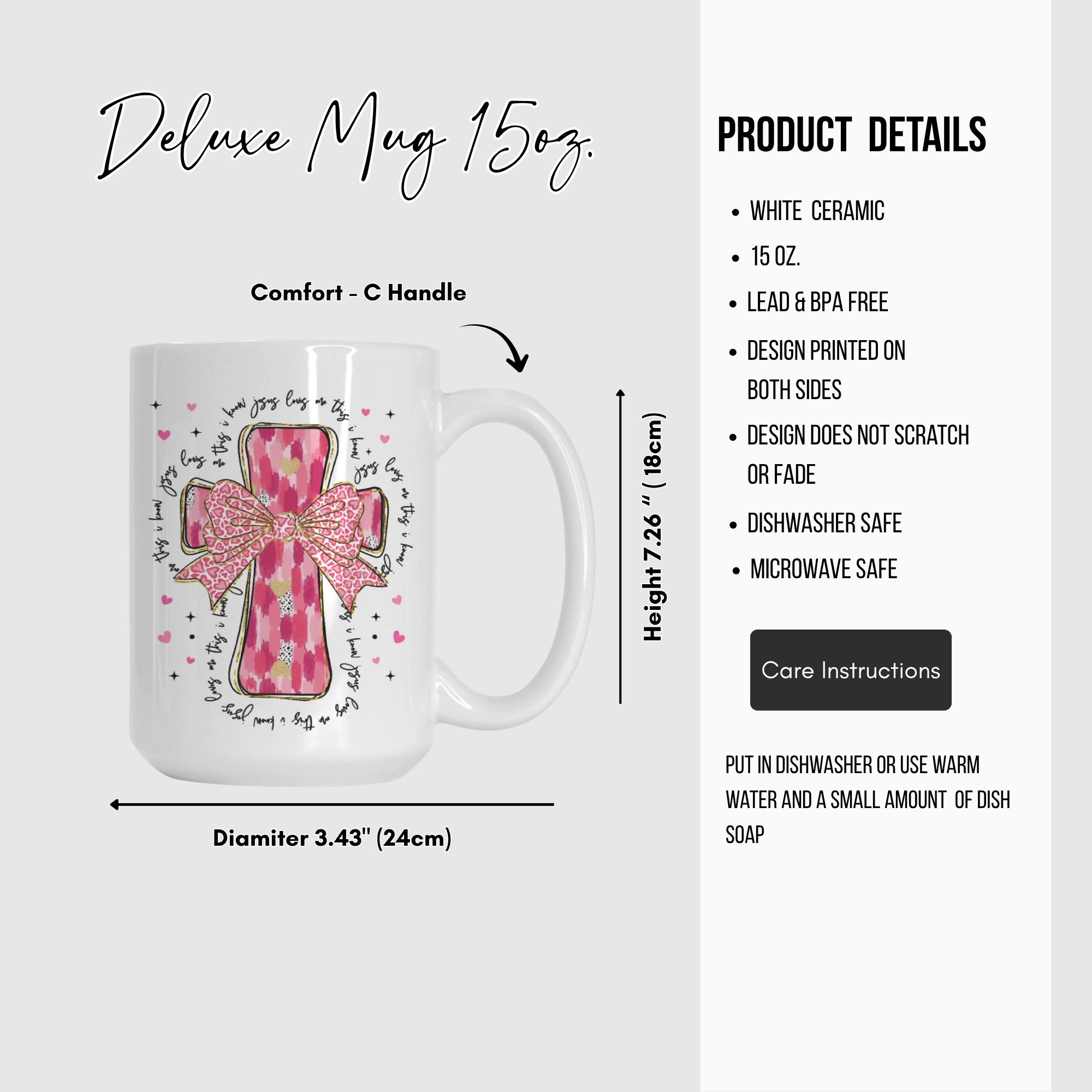 White ceramic mug with pink cross design, dimensions, and product details on a white background