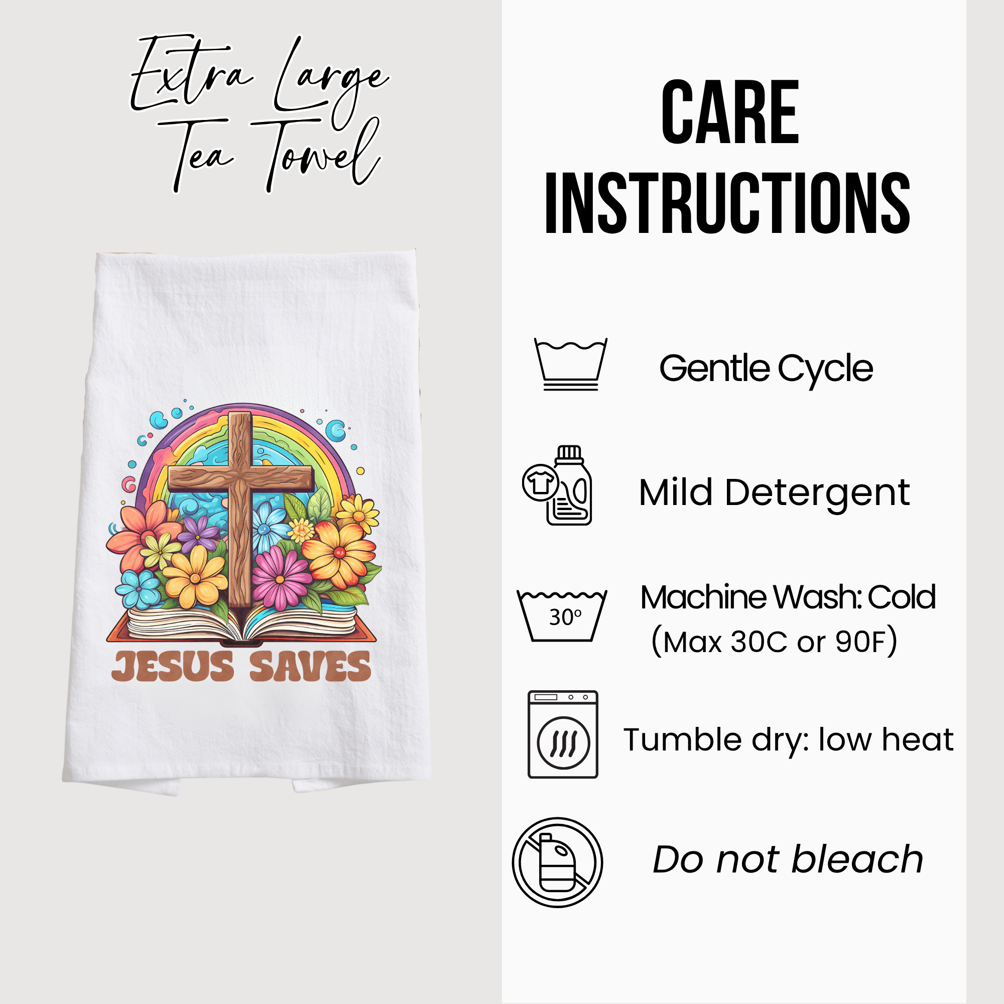 Tea towel with 'Jesus Saves' design and care instructions on a white background
