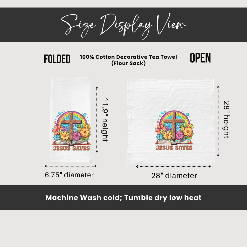 Decorative tea towel with 'Jesus Saves' design, showing folded and open dimensions.