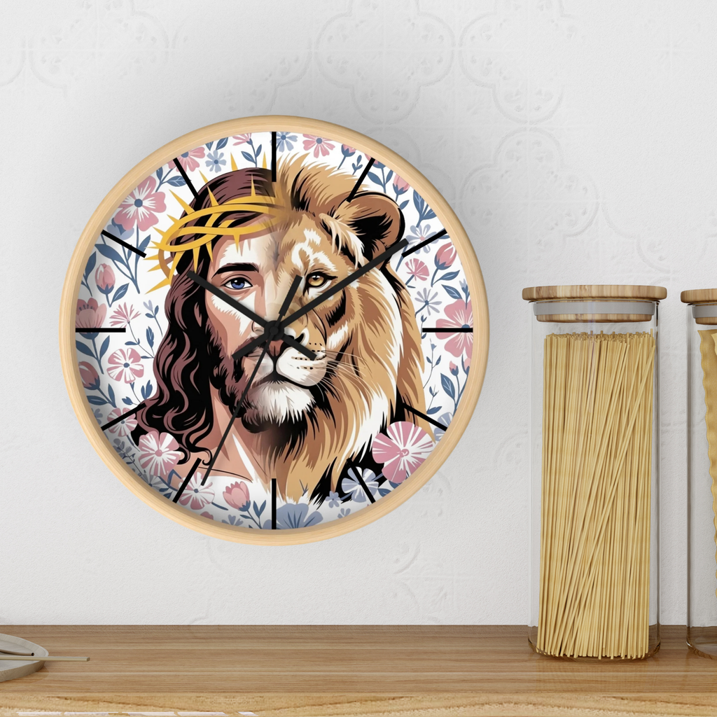 Wall clock with a design of a head that is half man and half lion with a  floral pattern on a white wall.