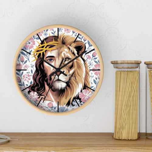 Wall clock with a design of a head that is half man and half lion with a  floral pattern on a white wall.
