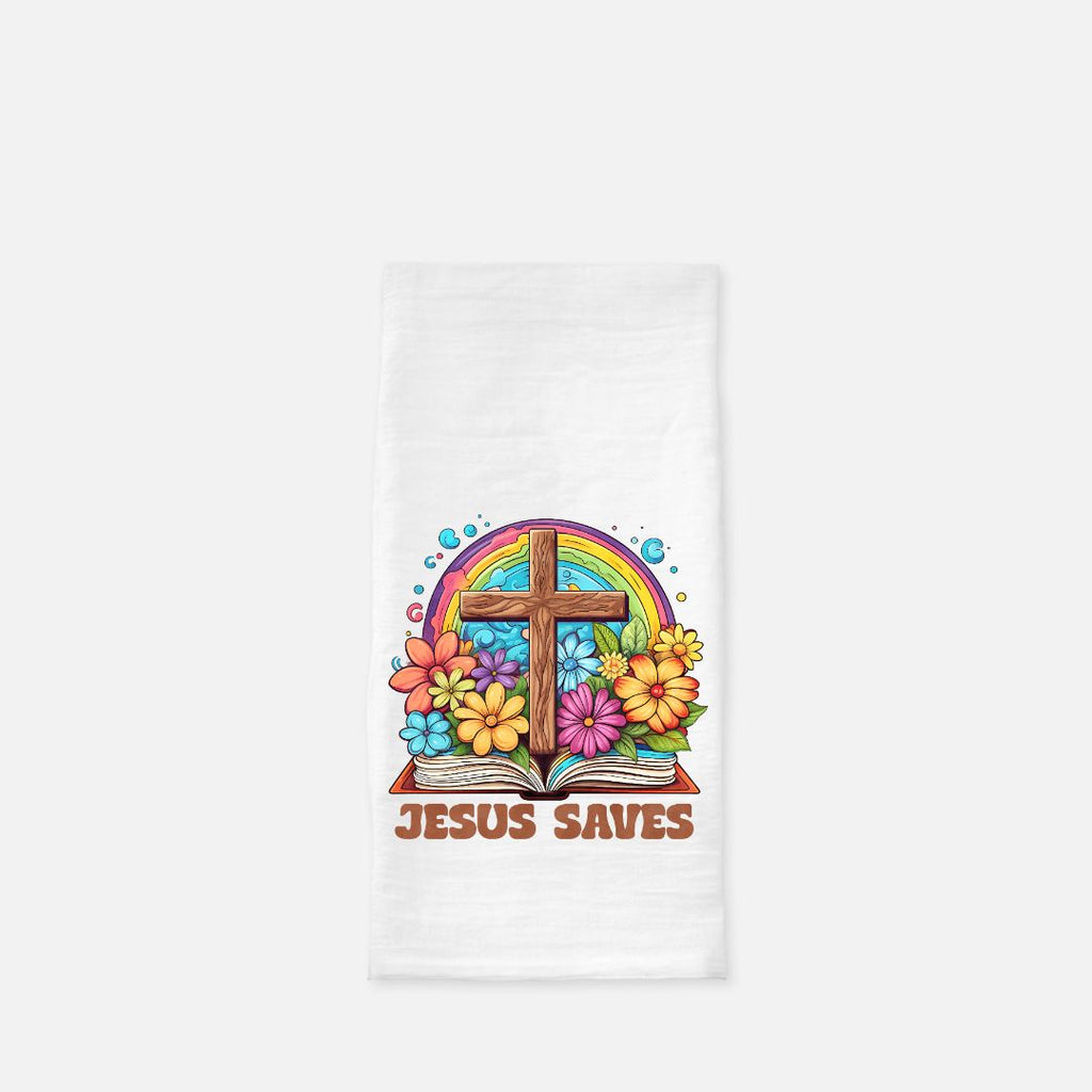 Towel with a colorful design of a cross, rainbow, and flowers on a white background.